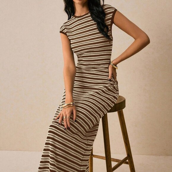 Brown Casual Women's Striped Round Neck Dolman Sleeve Dress - Picture 3 of 8